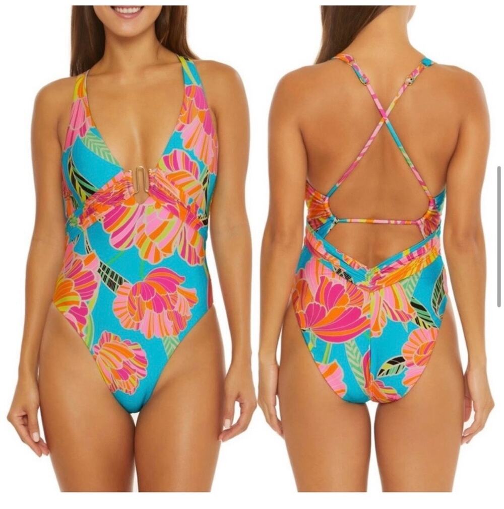 Trina Turk Poppy Blue Floral Print Plunge V-Neck One Piece Swimsuit Size 6